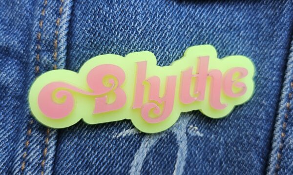 Blythe Logo Pinback in Neon