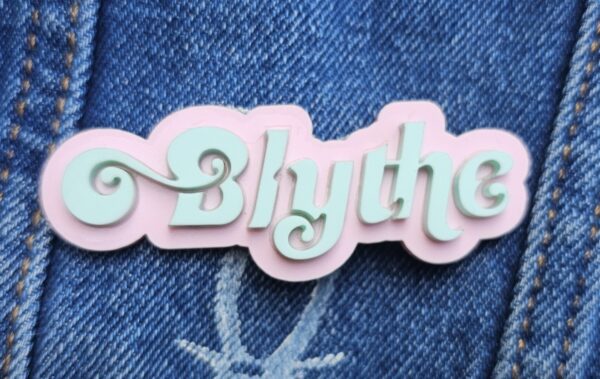 Blythe Logo Pinback in Pastel Pink and Mint